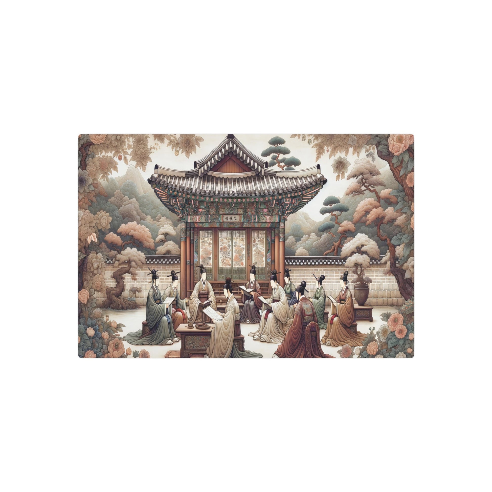 Metal Poster Art | "Joseon Dynasty Inspired Artwork: Korean Scholars, Traditional Architecture and Floral Motifs in Lush Landscapes - Asian Art Styles Collection" - Metal Poster Art 30″ x 20″ (Horizontal) 0.12''