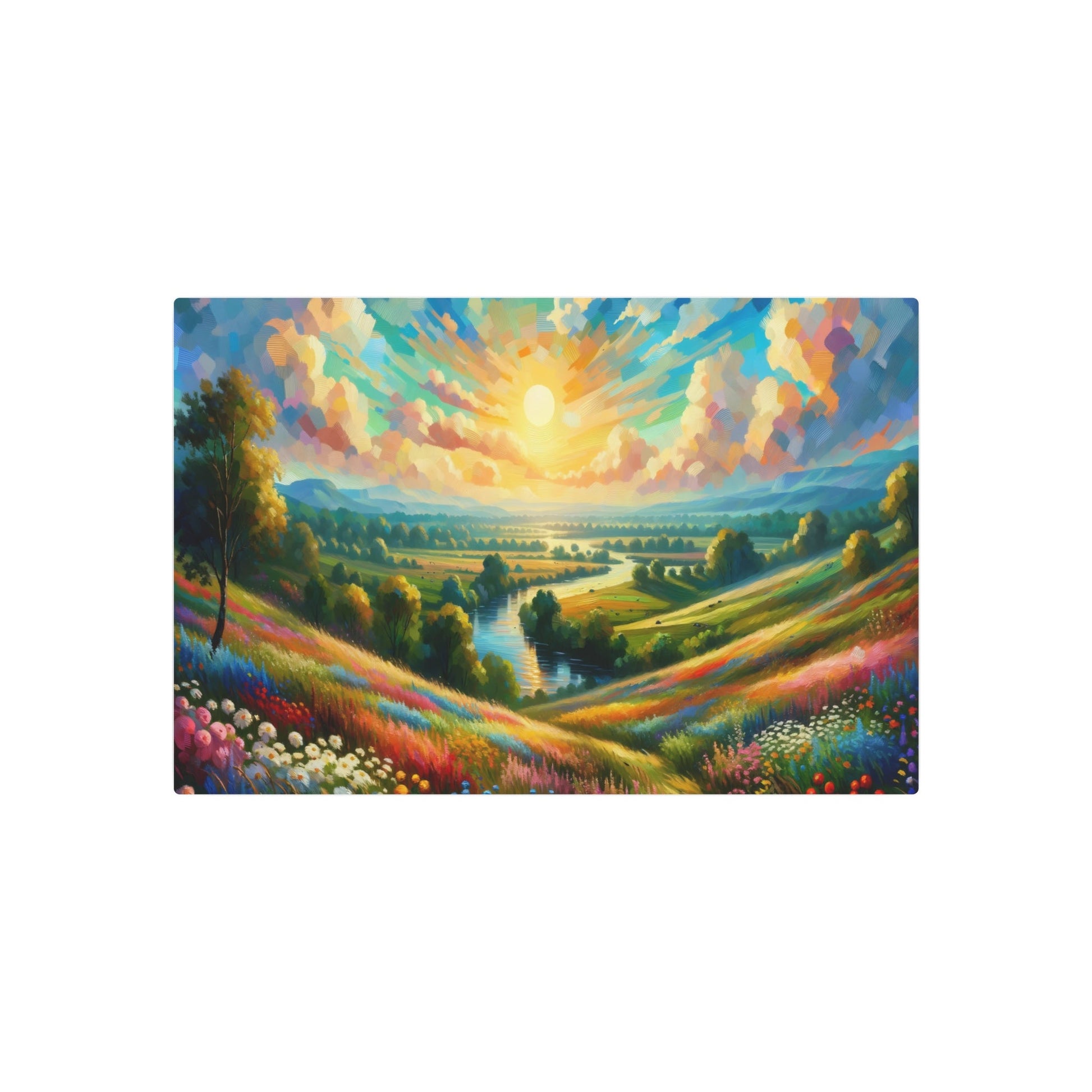 Metal Poster Art | "Impressionist Art Countryside Landscape - Vibrant Western Art Styles - Scenic Meadow, River & Sunset Scene" - Metal Poster Art 30″ x 20″ (Horizontal) 0.12''