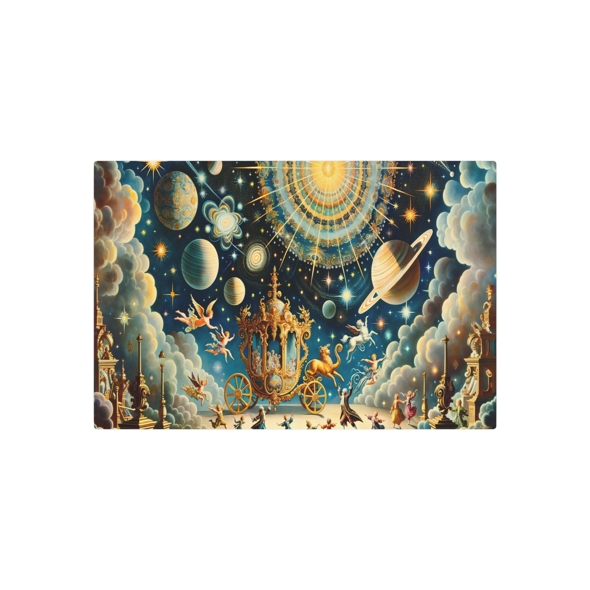 Metal Poster Art | "Rococo Period - Inspired Celestial Scene Painting - Western Art Style featuring Planets, Stars, Galaxies and Cherubs in Rich Blue - Metal Poster Art 30″ x 20″ (Horizontal) 0.12''