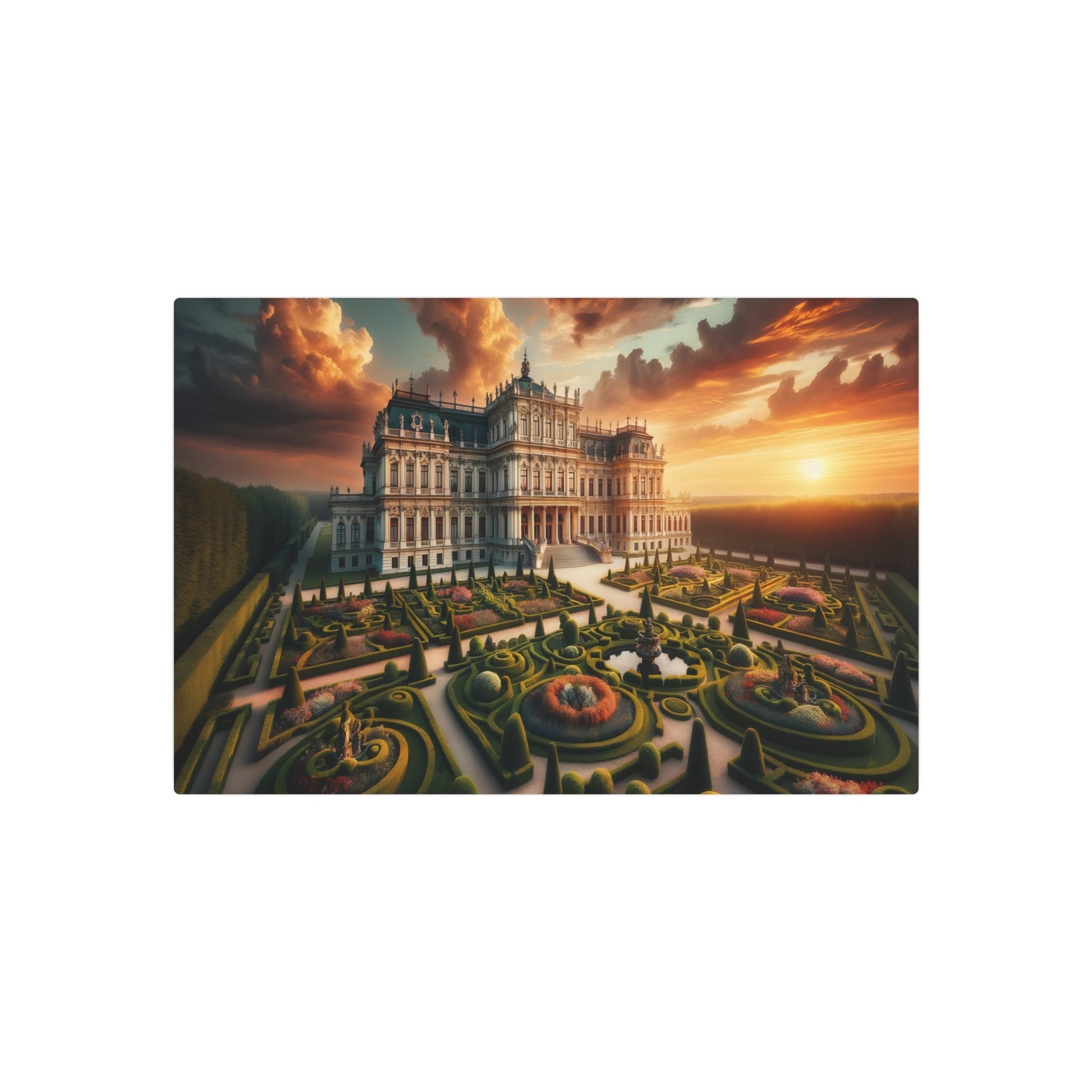 Metal Poster Art | "Baroque - Style Palace at Sunset - Western Art Styles, Grand Architectural Details and Lush Ornamental Gardens in Baroque Art" - Metal Poster Art 30″ x 20″ (Horizontal) 0.12''