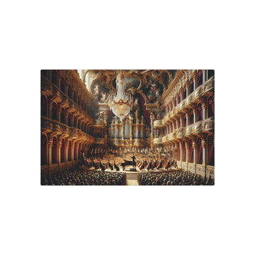 Metal Poster Art | "Baroque Style Concert Hall Scene with Classical Orchestra and Grand Piano - Western Art Styles, Baroque Sub - category" - Metal Poster Art 30″ x 20″ (Horizontal) 0.12''