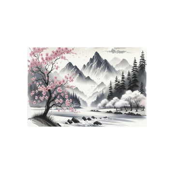 Metal Poster Art | "Japanese Sumi - e Ink Wash Painting - Tranquil Landscape with Mountains, Flowing River and Cherry Blossom Trees - Asian Art Styles Collection" - Metal Poster Art 30″ x 20″ (Horizontal) 0.12''