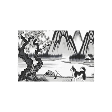 Metal Poster Art | "Traditional Chinese Landscape Ink-Wash Painting – Serene Mountains, Blossoming Cherry Tree and Ancient Dog Breed in Contemplative Pose - Asian Art Styles - Metal Poster Art 30″ x 20″ (Horizontal) 0.12''