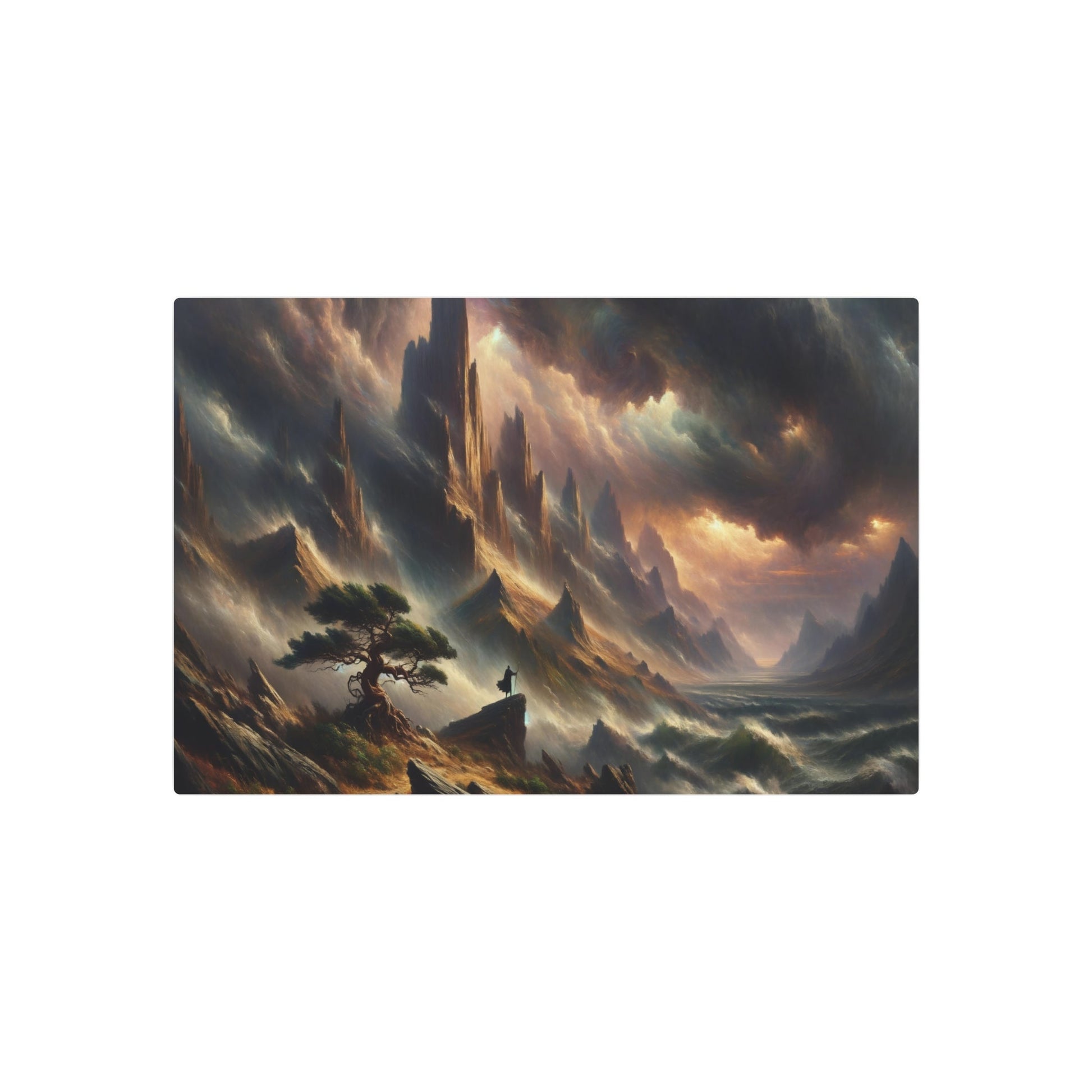 Metal Poster Art | "Romanticism Western Art Style: Dramatic Mountain Landscape with Stormy Sky and Solitary Figure by Tree" - Metal Poster Art 30″ x 20″ (Horizontal) 0.12''