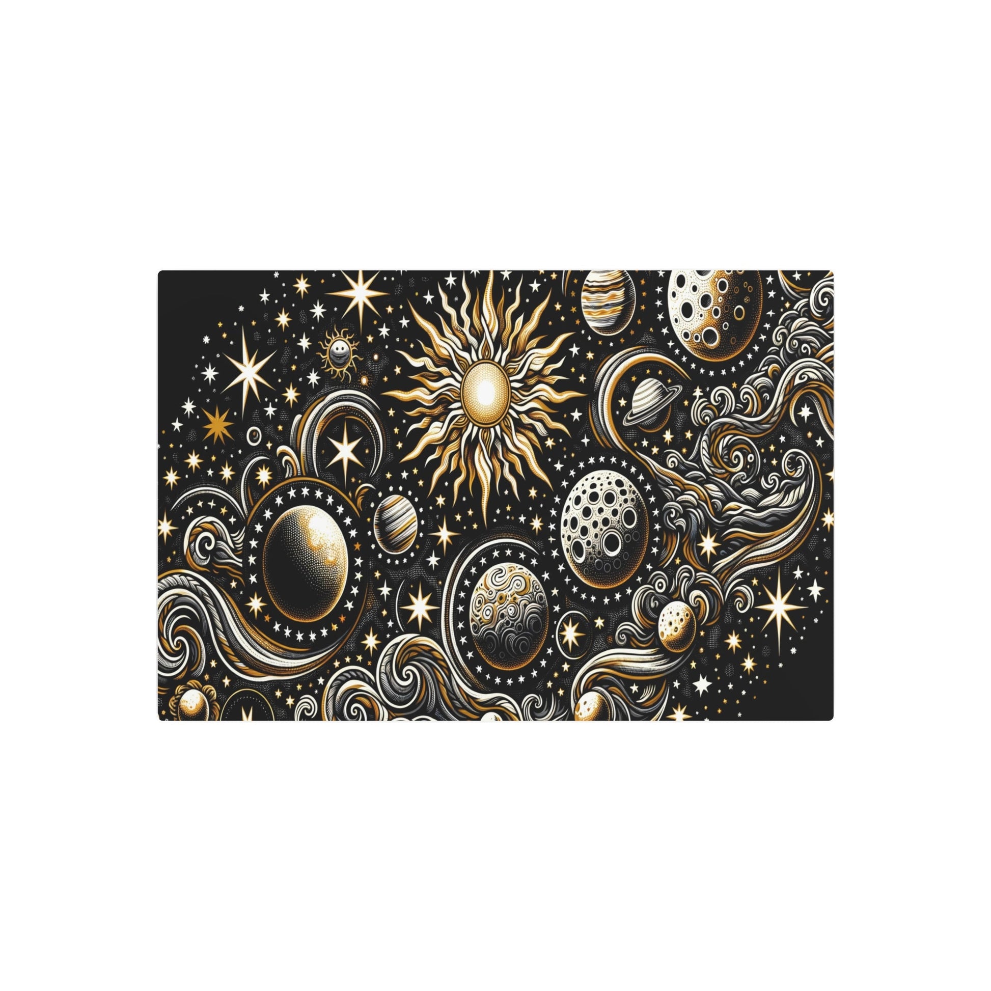 Metal Poster Art | "Indonesian Batik Artwork with Celestial Bodies - Handcrafted Sun, Moon, Stars and Planets Design in Non - Western & Global - Metal Poster Art 30″ x 20″ (Horizontal) 0.12''