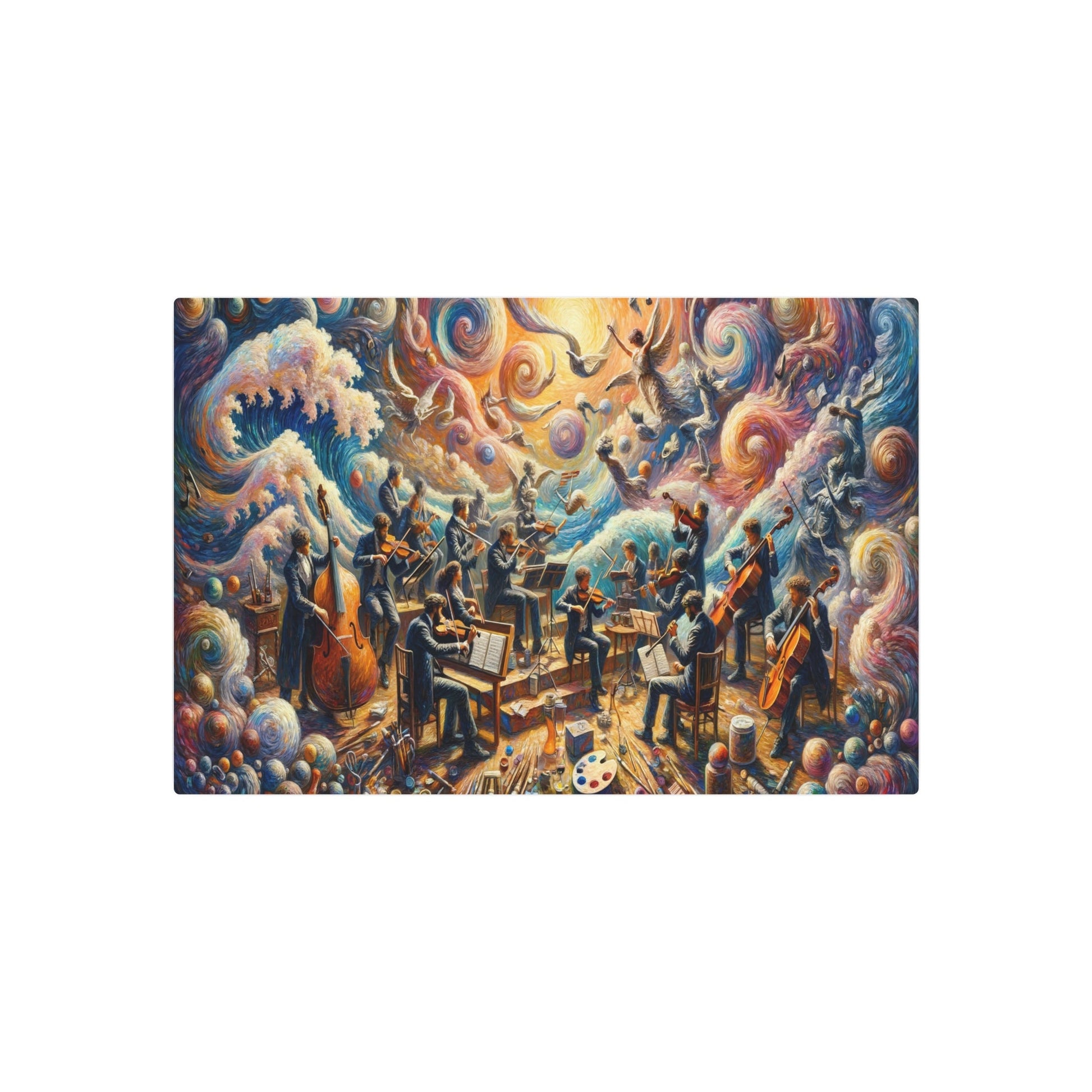 Metal Poster Art | "Post - Impressionistic Harmony: Vivid Fusion of Art and Music in Western Styles - Musicians, Classical Instruments, Painting & Sculpting Tools - Metal Poster Art 30″ x 20″ (Horizontal) 0.12''