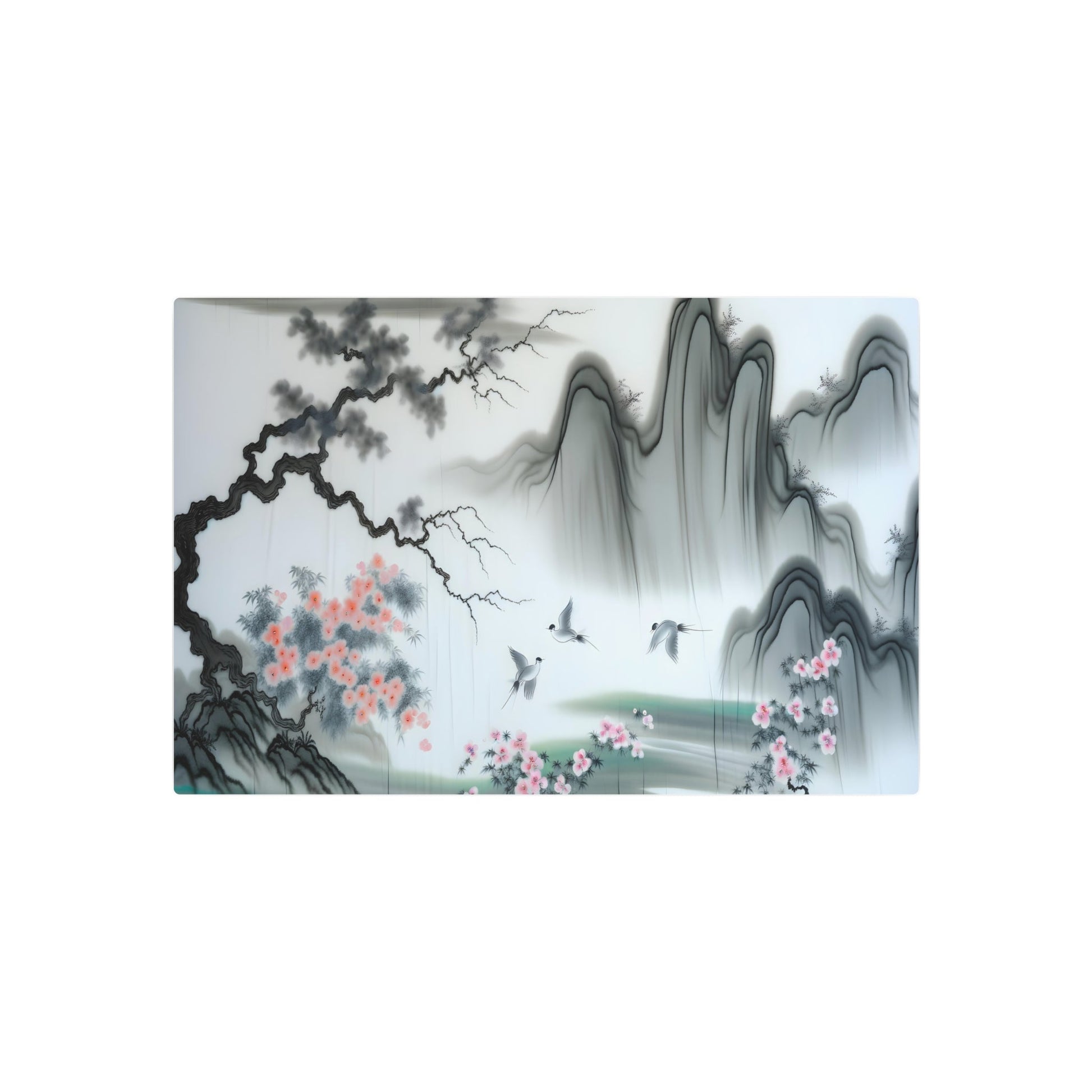 Metal Poster Art | "Traditional Chinese Silk Painting: Vibrant Landscapes and Delicate Flora in Elegant Muted Tones - Asian Art Styles" - Metal Poster Art 30″ x 20″ (Horizontal) 0.12''