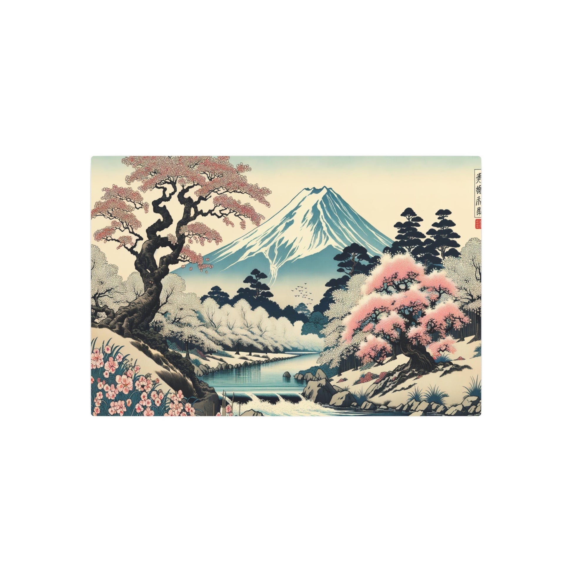 Metal Poster Art | "Traditional Ukiyo - e Japanese Art Print - Tranquil Cherry Blossom River Scene with Snow - capped Mount Fuji - Asian Art Styles Collection" - Metal Poster Art 30″ x 20″ (Horizontal) 0.12''