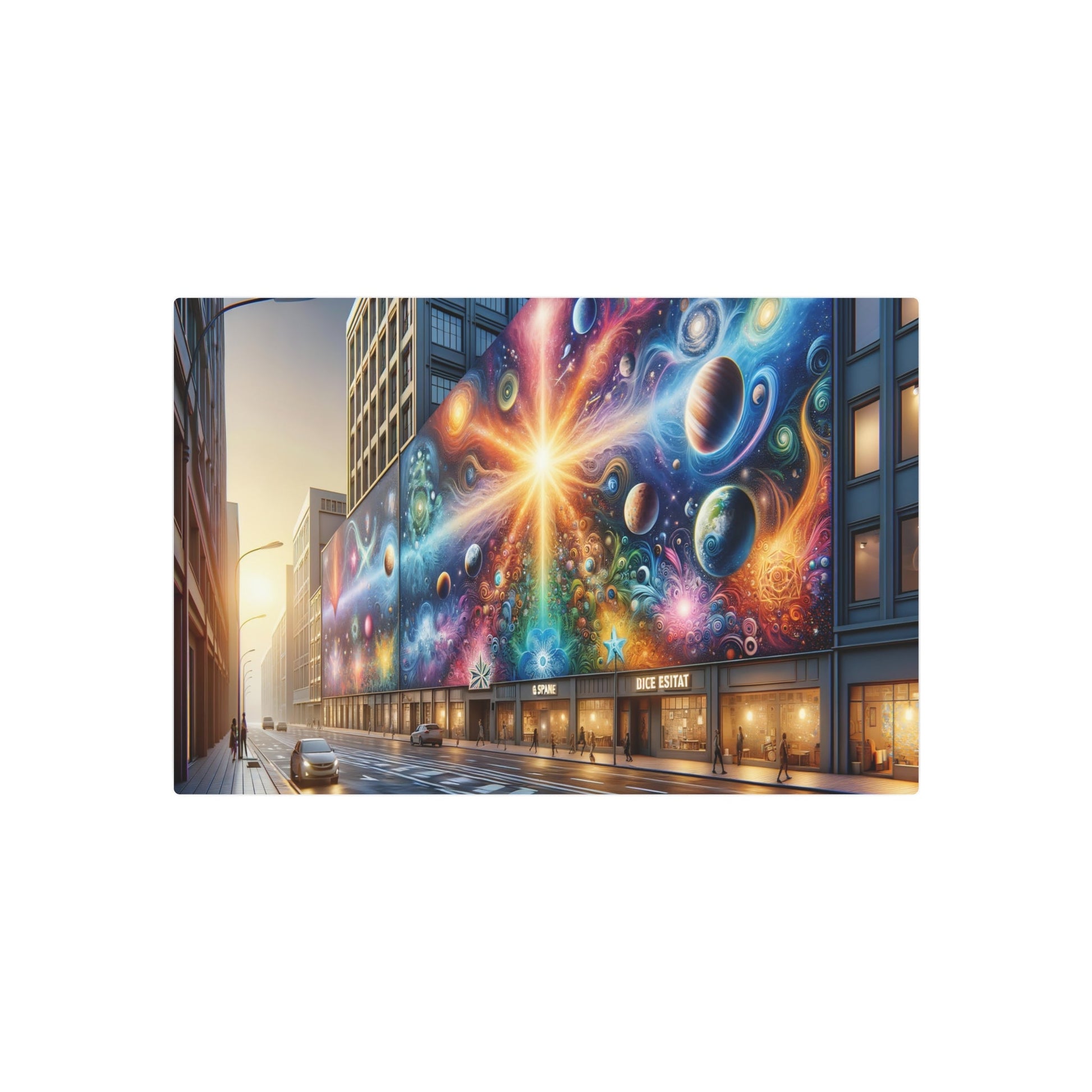 Metal Poster Art | "Modern & Contemporary Cosmic Playground: Diverse Celestial - Themed Street Art in Vibrant City Street - Galaxies, Planets and Stars Murals - Metal Poster Art 30″ x 20″ (Horizontal) 0.12''