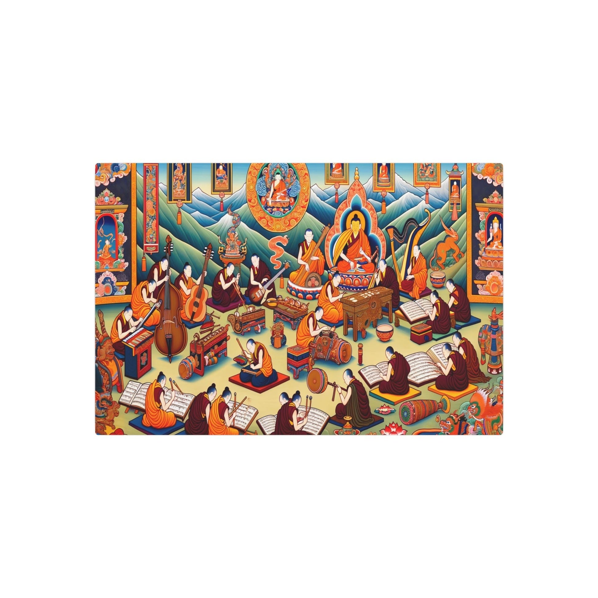 Metal Poster Art | "Thangka - Style Tibetan Painting: Music and Art Theme - Asian Art Styles Collection" - Metal Poster Art 30″ x 20″ (Horizontal) 0.12''