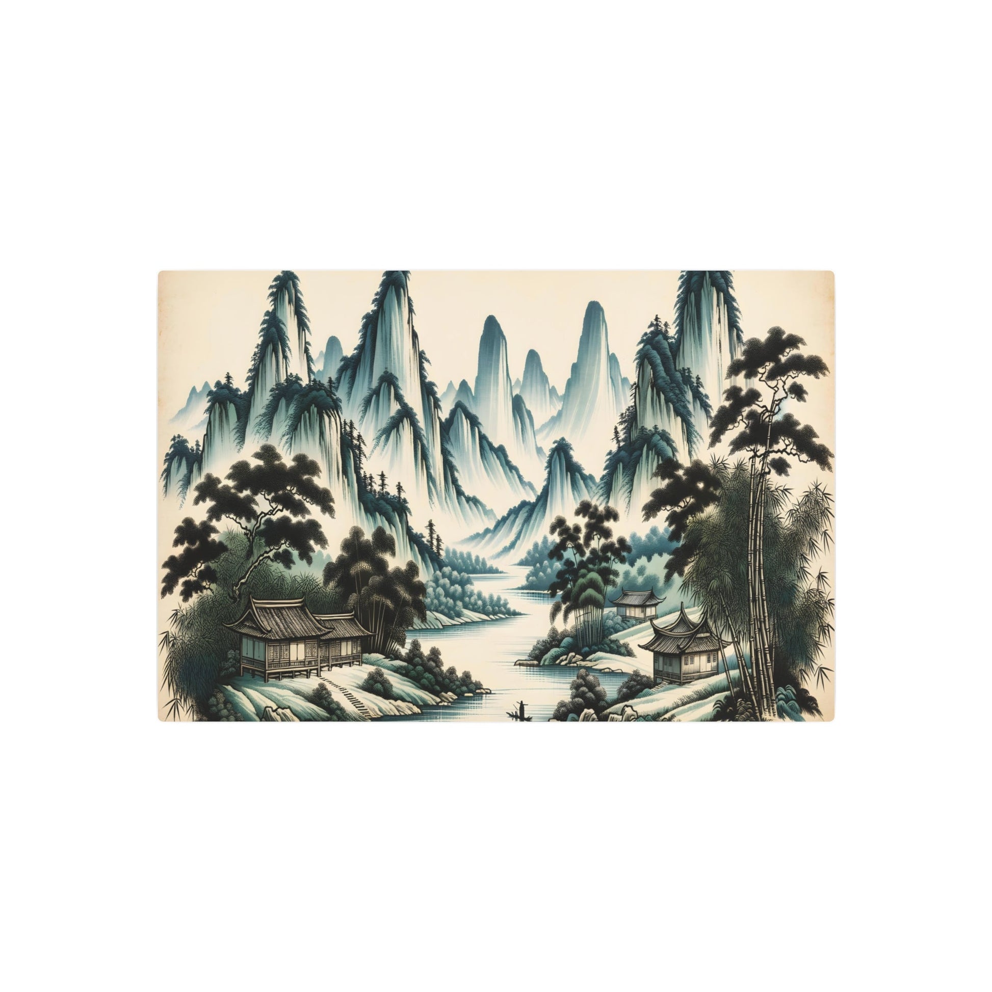 Metal Poster Art | "Traditional Chinese Landscape Artwork with Mountain, River, Tree and Bamboo House Elements - Asian Art Styles Collection" - Metal Poster Art 30″ x 20″ (Horizontal) 0.12''