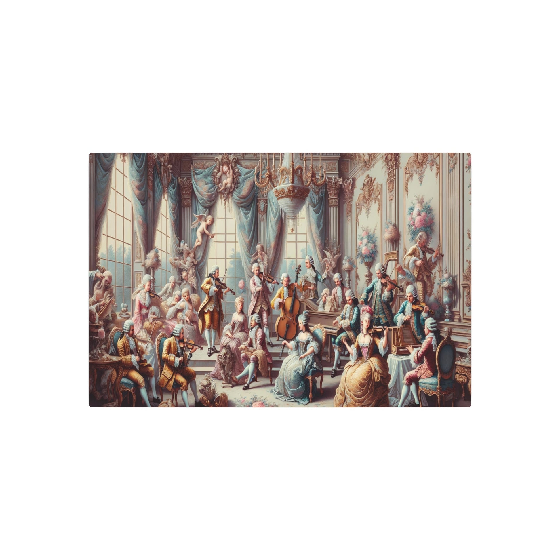 Metal Poster Art | "Rococo Style Artwork - Harmonious Scene of Music and Art with Nobles, Violins, Pianos, & Harps Amid - Metal Poster Art 30″ x 20″ (Horizontal) 0.12''