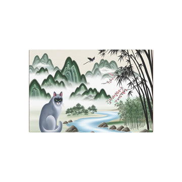 Metal Poster Art | "Traditional Chinese Landscape Artwork with Graceful Cat, Misty Mountains, Flowing River and Cherry Blossoms - Serene Asian Art Styles in the - Metal Poster Art 30″ x 20″ (Horizontal) 0.12''