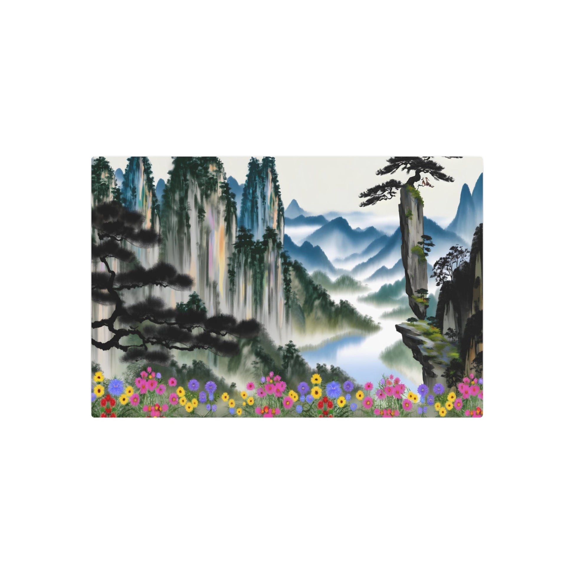 Metal Poster Art | "Harmony in Nature: Traditional Chinese Landscape Art with Vibrant Wildflowers - Asian Art Styles Collection" - Metal Poster Art 30″ x 20″ (Horizontal) 0.12''