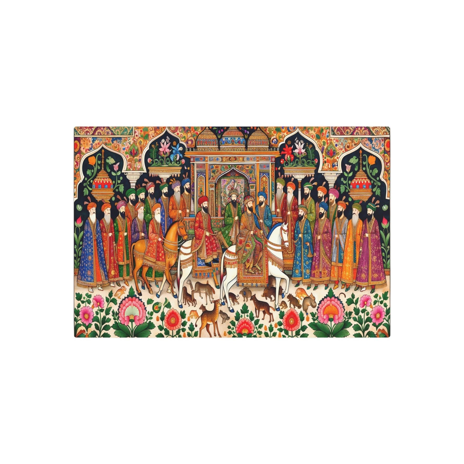 Metal Poster Art | "Mughal Miniature Art Rendering: Regal Figures, Vibrant Patterns & Exotic Animals – South Asian Non - Western Global Styles" - Metal Poster Art 30″ x 20″ (Horizontal) 0.12''