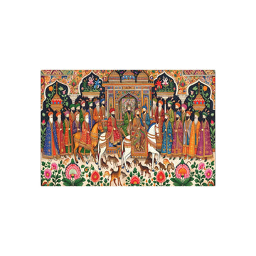 Metal Poster Art | "Mughal Miniature Art Rendering: Regal Figures, Vibrant Patterns & Exotic Animals – South Asian Non - Western Global Styles" - Metal Poster Art 30″ x 20″ (Horizontal) 0.12''