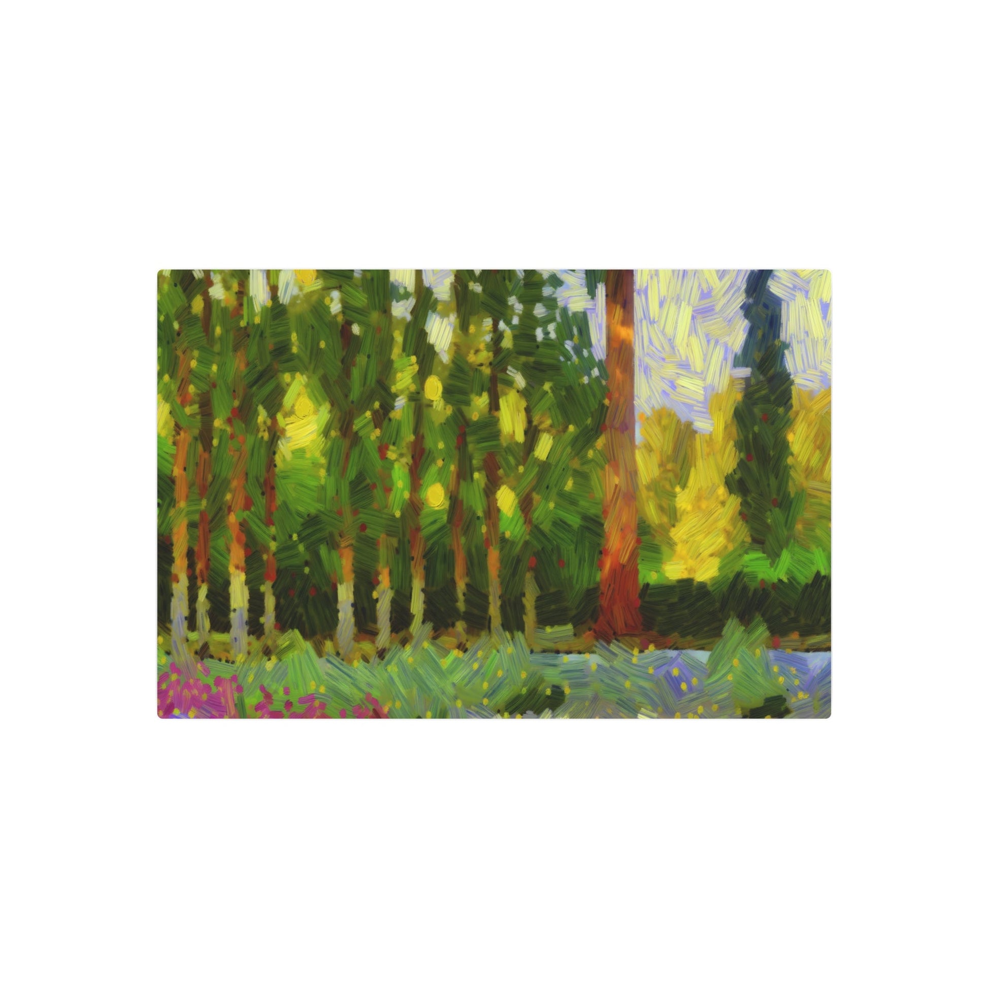 Metal Poster Art | "Impressionist Western Art Style - Vibrant Lush Forest with Towering Trees and Sunlight Filtering Through Leaves Painting" - Metal Poster Art 30″ x 20″ (Horizontal) 0.12''