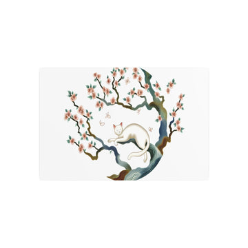 Metal Poster Art | "Tranquil Cat Under Blossom Tree: Traditional Chinese Silk Painting in Harmonious Colors - Asian Art Styles Collection, Sub-Category: Chinese Silk - Metal Poster Art 30″ x 20″ (Horizontal) 0.12''