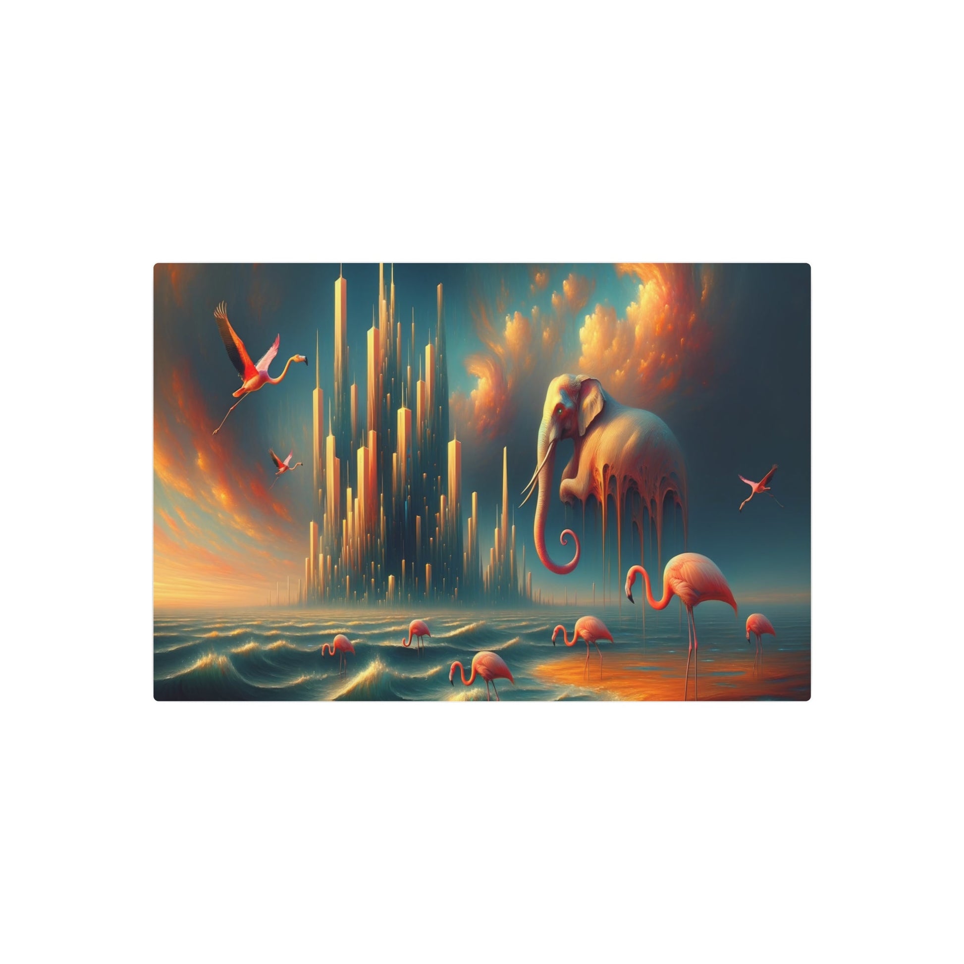 Metal Poster Art | "Salvador Dali Inspired Surrealism Art - Melting Skyscrapers & Flamboyant Elephants in Dreamlike Dusk, - Metal Poster Art 30″ x 20″ (Horizontal) 0.12''