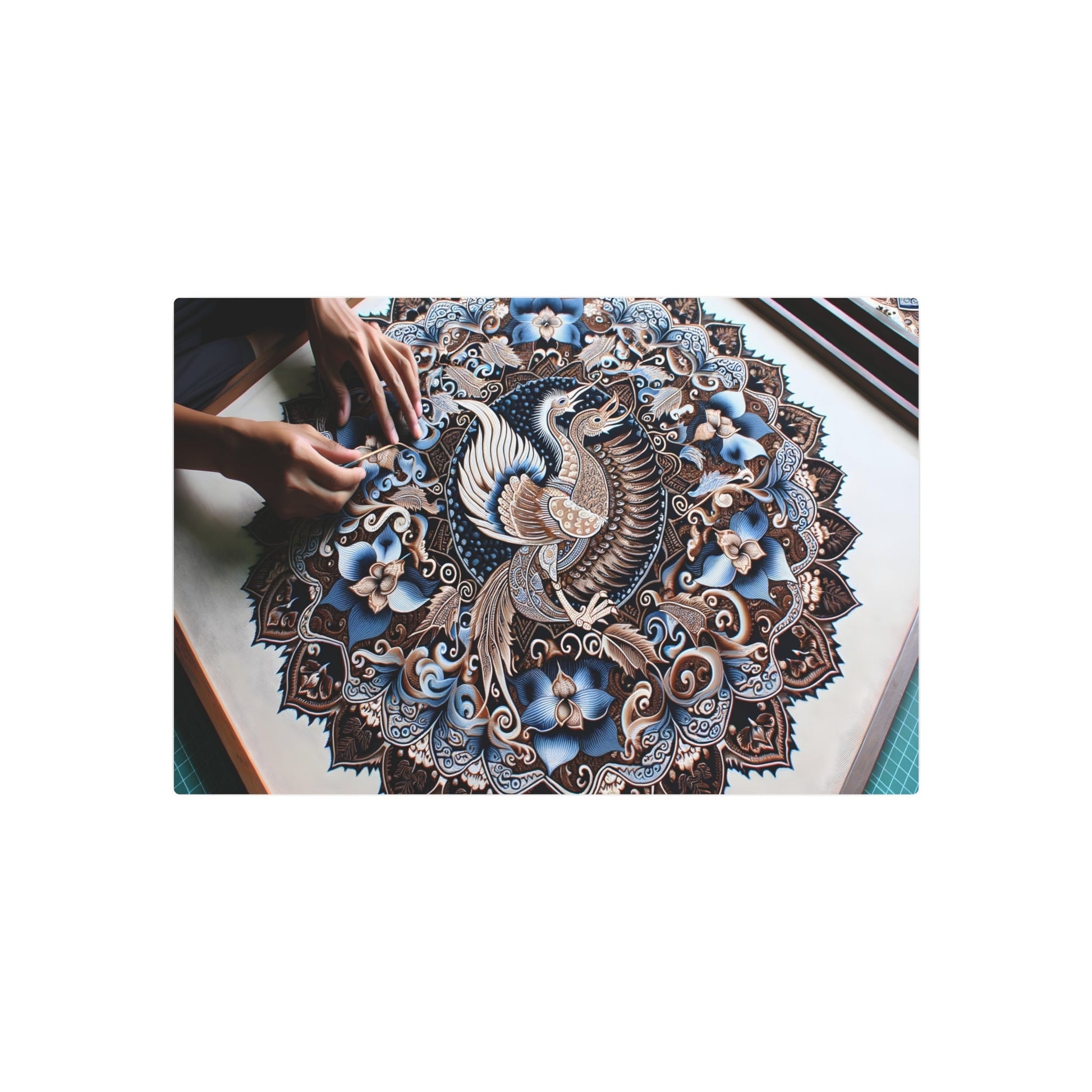 Metal Poster Art | "Indonesian Batik - Inspired Intricate Artwork with Traditional Symbols in Deep Indigo and Brown - Non - Western & Global Styles Art - Metal Poster Art 30″ x 20″ (Horizontal) 0.12''