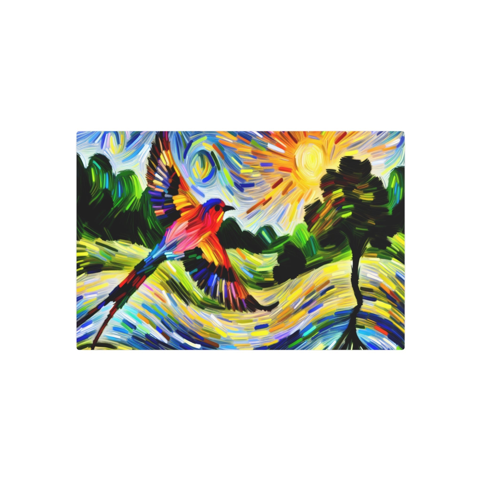 Metal Poster Art | "Impressionist Style Western Art - Vibrant Bird Flying Over Colorful Landscape, Detailed Featherwork and Lively Nature Elements" - Metal Poster Art 30″ x 20″ (Horizontal) 0.12''