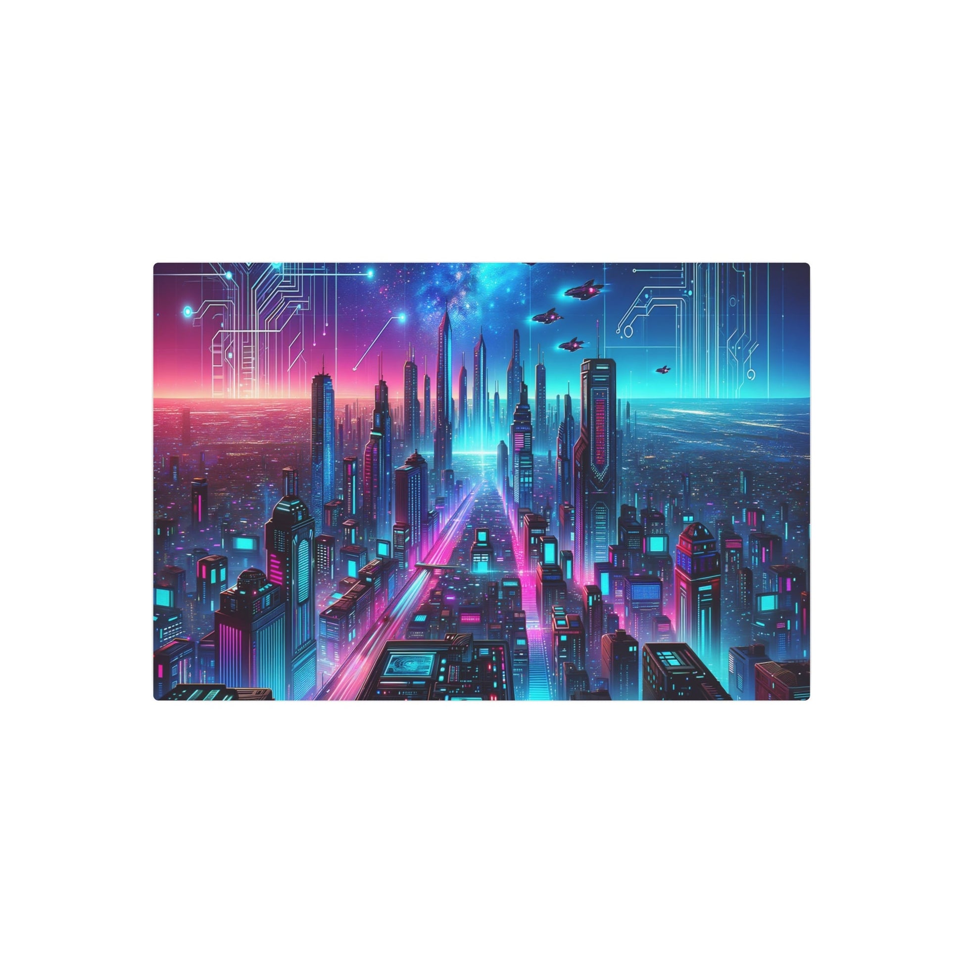 Metal Poster Art | "Futuristic Cityscape Under Neon Sky - Modern Contemporary Digital Art by Dalle - 3" - Metal Poster Art 30″ x 20″ (Horizontal) 0.12''