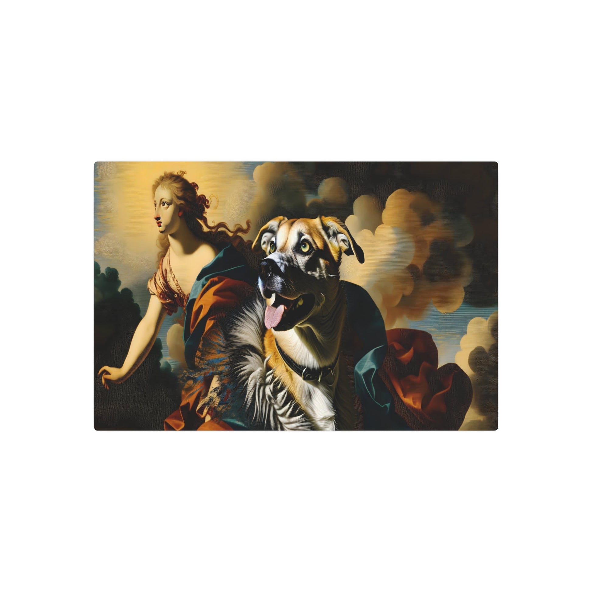 Metal Poster Art | "Baroque Art Style Dog Portrait - Lavish Western Art with Dramatic Posture and Deep Color Contrasts" - Metal Poster Art 30″ x 20″ (Horizontal) 0.12''