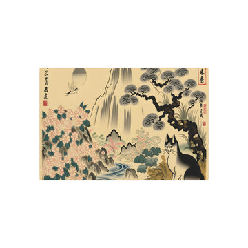 Metal Poster Art | "Kano School Inspired Japanese Artwork - Asian Art Styles Featuring a Cat as the Main Subject" - Metal Poster Art 30″ x 20″ (Horizontal) 0.12''