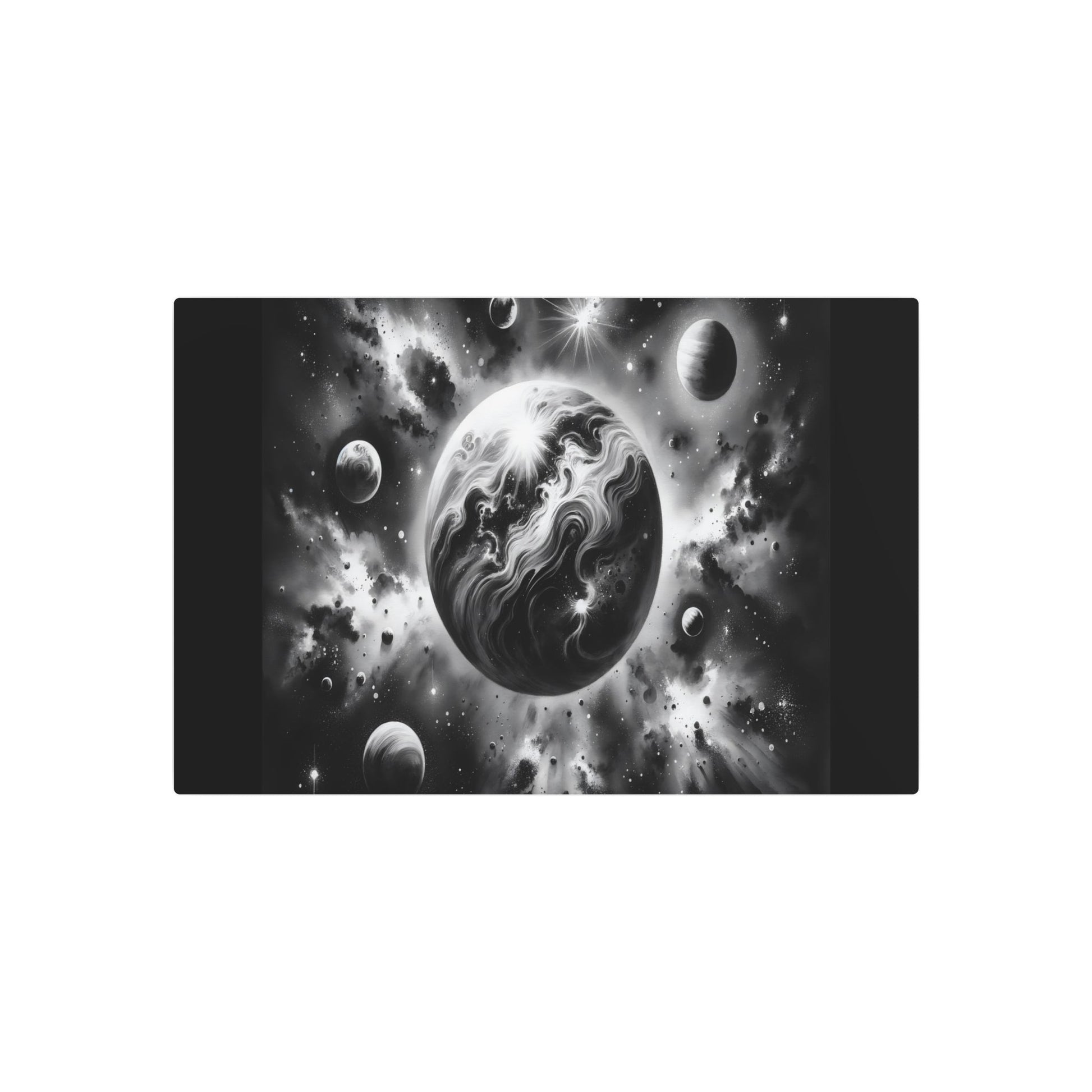 Metal Poster Art | "Sumi - e Japanese Ink Wash Asian Art - Celestial Bodies and Cosmos Interpretation with Light - Shadow Interplay" - Metal Poster Art 30″ x 20″ (Horizontal) 0.12''