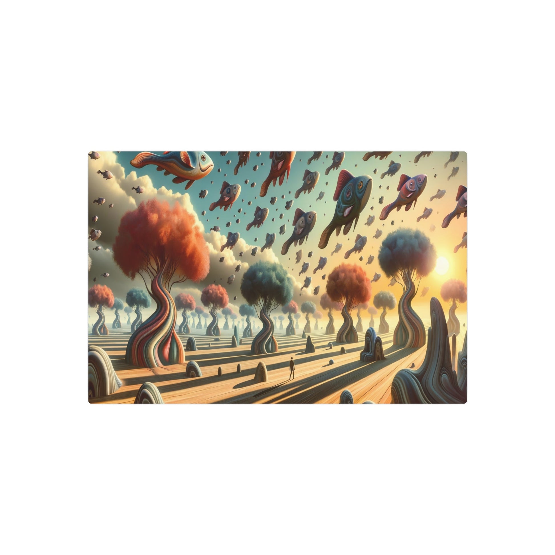 Metal Poster Art | "Modern Surrealistic Art - Dreamlike Landscape with Life - Size Creatures and Floating Fish Sky in Contemporary Surrealism Style" - Metal Poster Art 30″ x 20″ (Horizontal) 0.12''