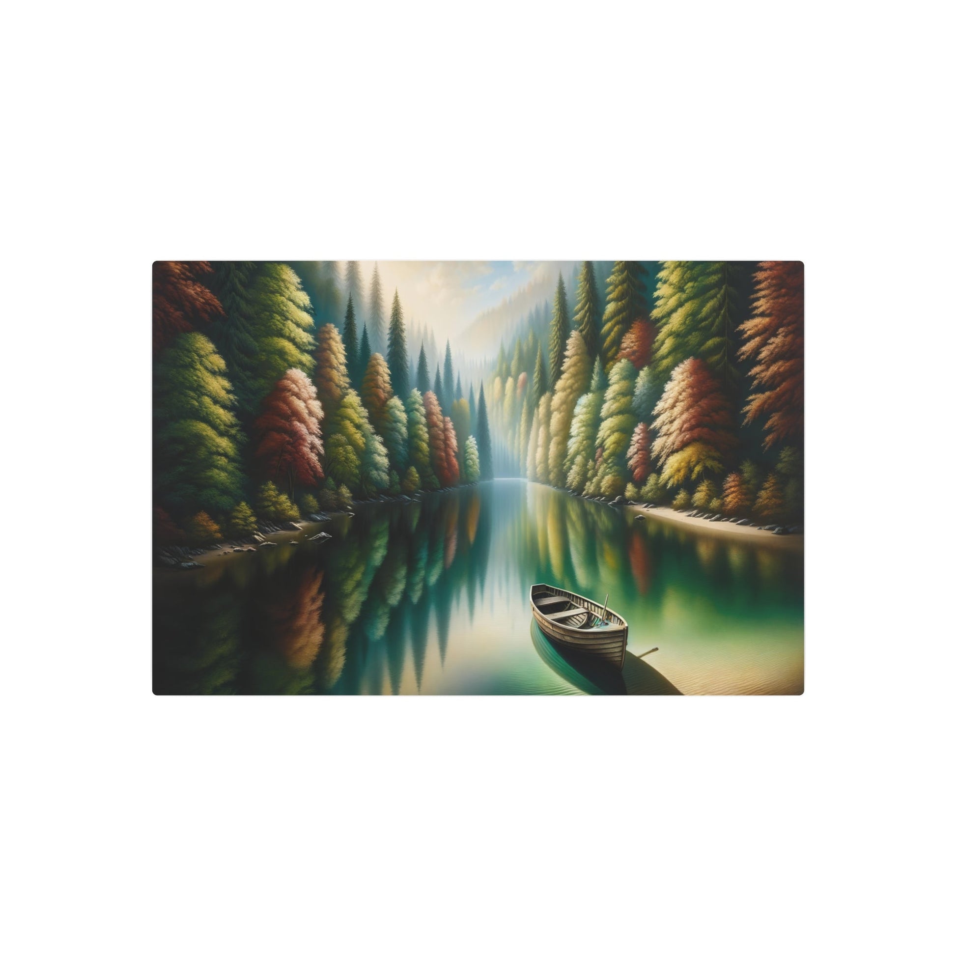 Metal Poster Art | "Realism Style Western Art: Serene Lake with Autumnal Forest and Wooden Boat - Original Art Piece" - Metal Poster Art 30″ x 20″ (Horizontal) 0.12''