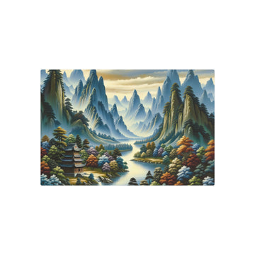 Metal Poster Art | "Traditional Chinese Landscape Art: Stunning Handmade Painting of Mountains, Rivers, Trees and Ancient Temple - Authentic Asian Art Styles Collection" - Metal Poster Art 30″ x 20″ (Horizontal) 0.12''