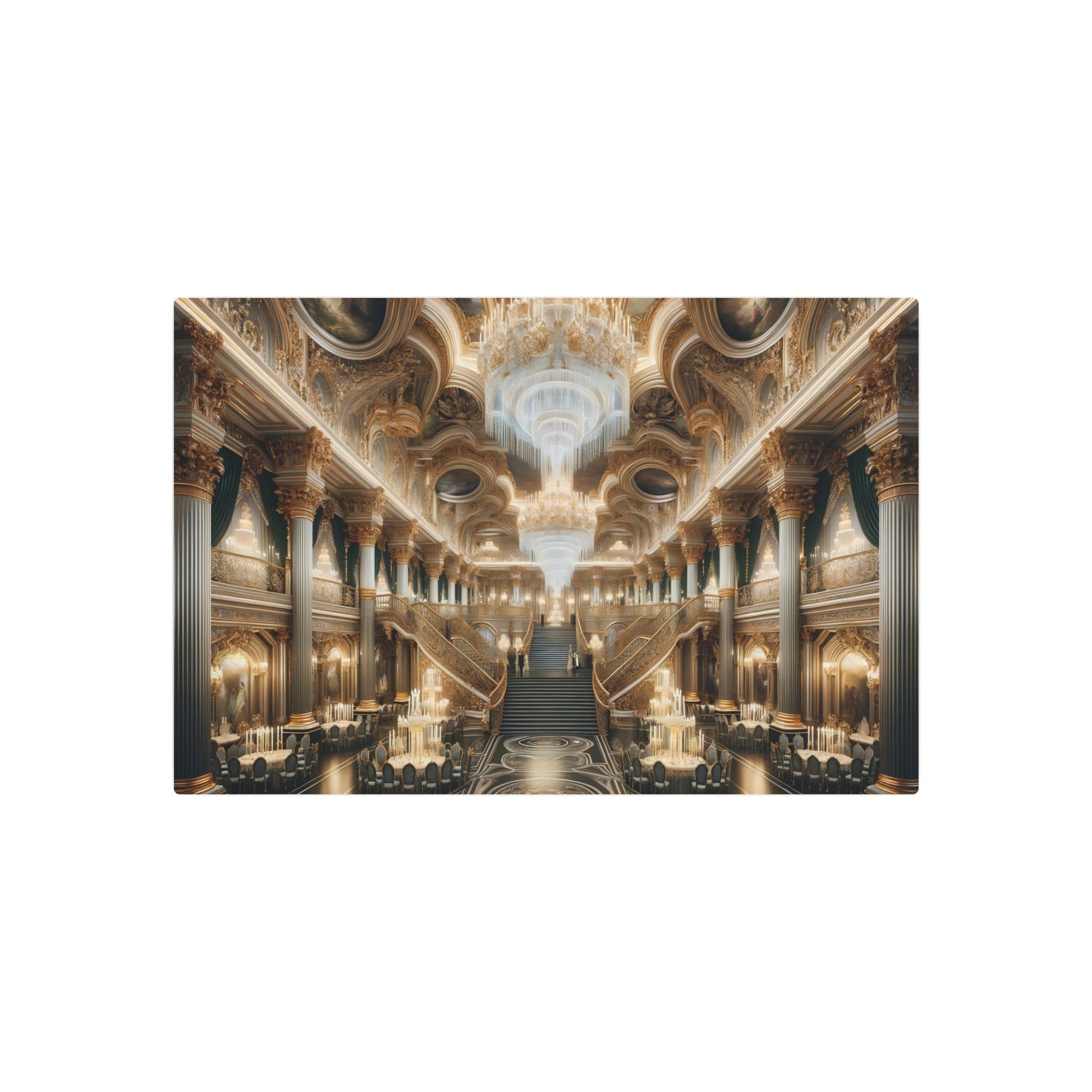 Metal Poster Art | "Baroque Art: Grand Palace Banquet Hall with Gilded Details, Chandeliers and Grand Staircase in Western Art Styles Collection" - Metal Poster Art 30″ x 20″ (Horizontal) 0.12''