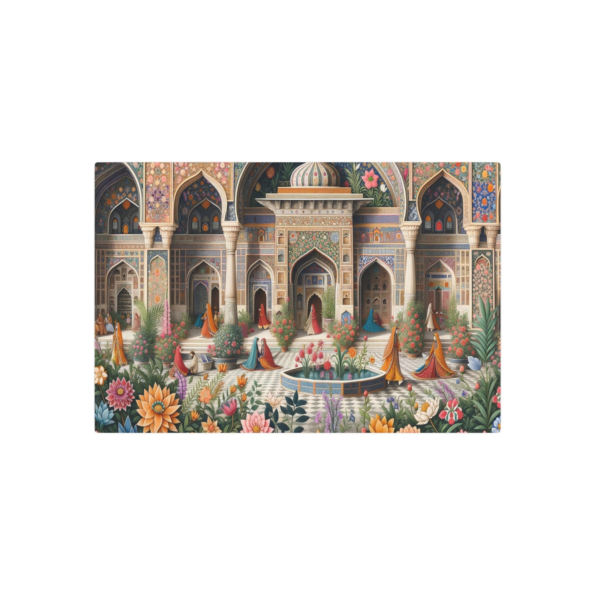 Metal Poster Art | "Mughal Era Masterpiece: Lavish Gardens, Courtyards & Traditional Attire - Intricate South Asian Mughal Miniature Art in - Metal Poster Art 30″ x 20″ (Horizontal) 0.12''