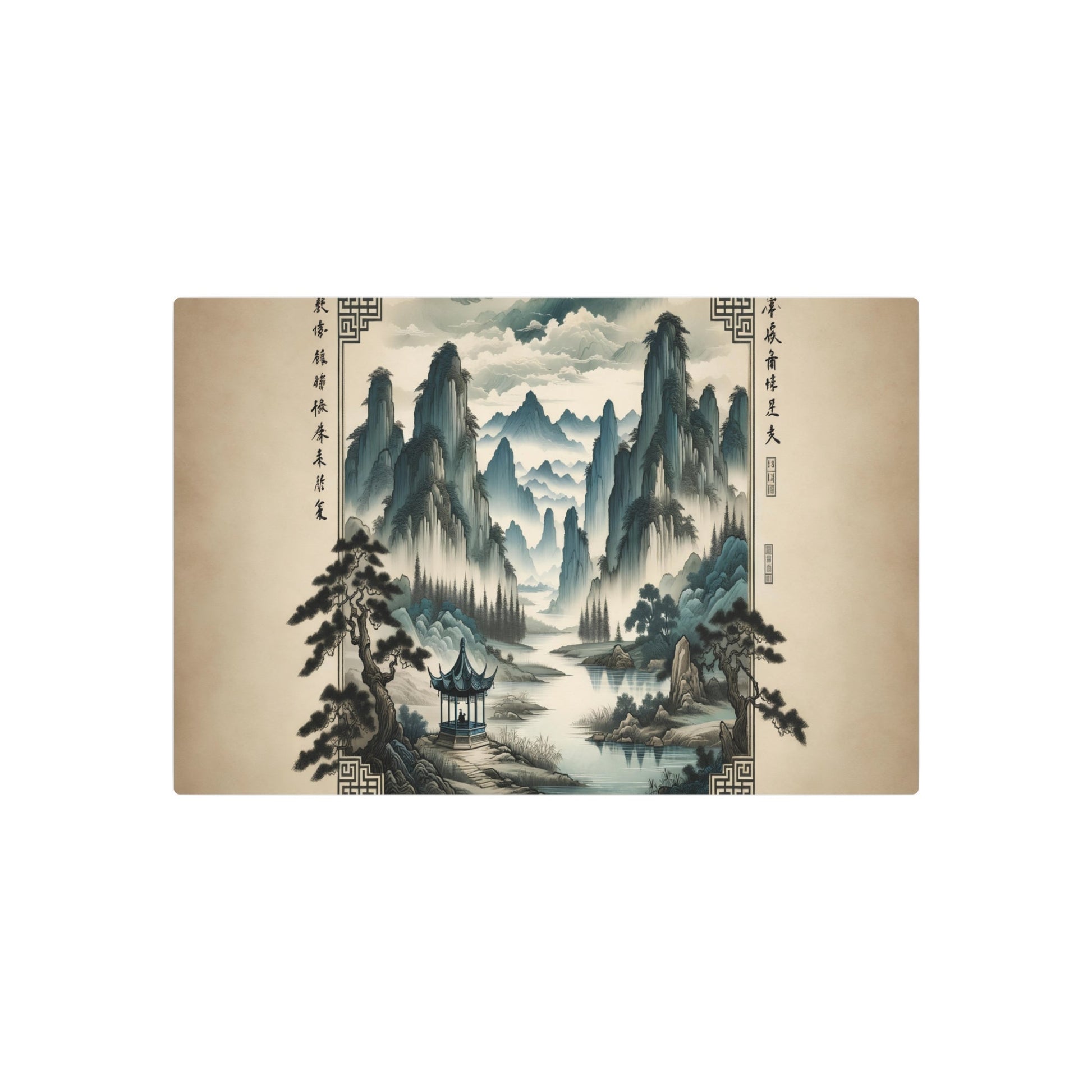 Metal Poster Art | "Traditional Chinese Landscape Artwork - Handmade Asian Art Style Painting with Mountains, Rivers, Trees and Pavilion" - Metal Poster Art 30″ x 20″ (Horizontal) 0.12''