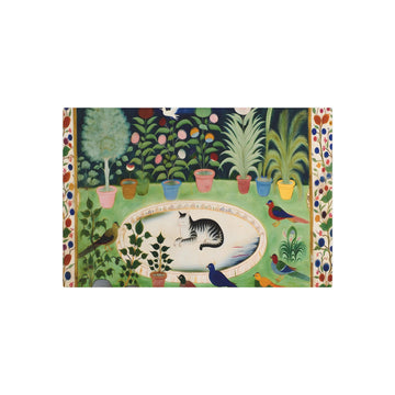 Metal Poster Art | "Mughal Miniature Art - South Asian Garden Scene with Cat, Exotic Plants and Colourful Birds - Non-Western & Global Styles Painting" - Metal Poster Art 30″ x 20″ (Horizontal) 0.12''