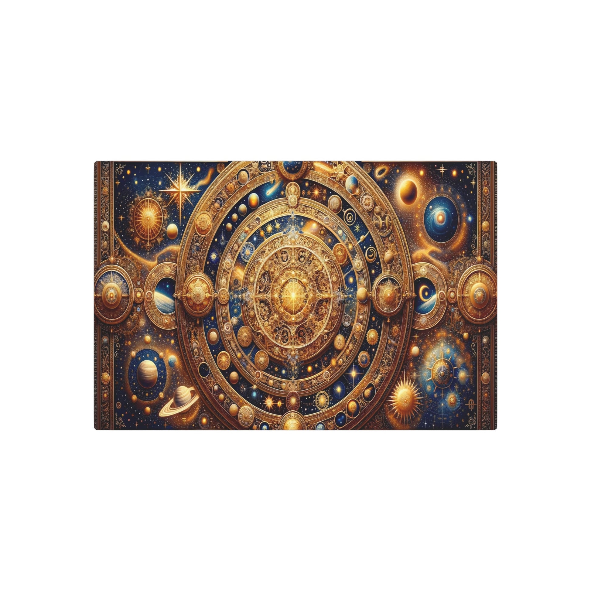 Metal Poster Art | "Byzantine Art Style Celestial Body Theme: Intricate Design of Stars, Comets, Galaxies and Planets with Gold Accents in - Metal Poster Art 30″ x 20″ (Horizontal) 0.12''