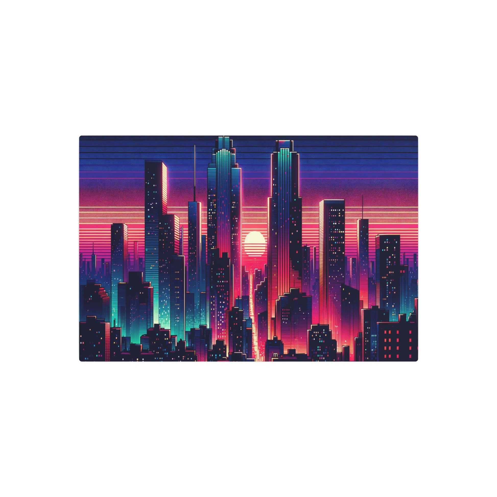 Metal Poster Art | "Digital Art - Vibrant Neon Lights in Modern Sunset Cityscape, Contemporary Style" - Metal Poster Art 30″ x 20″ (Horizontal) 0.12''