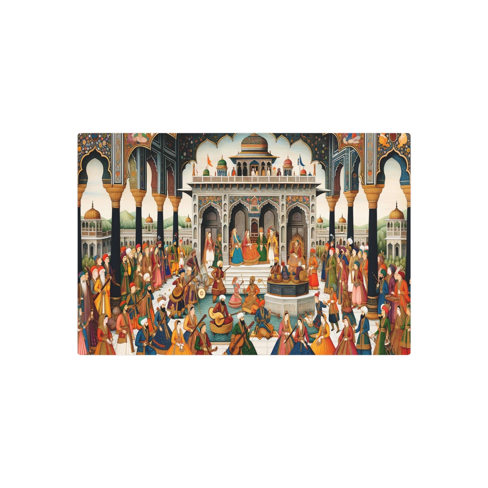 Metal Poster Art | "Mughal Era Royal Court Scene Artwork: Handcrafted South Asian Mughal Miniature Painting Featuring Royalty, Musicians and Dancers in - Metal Poster Art 30″ x 20″ (Horizontal) 0.12''