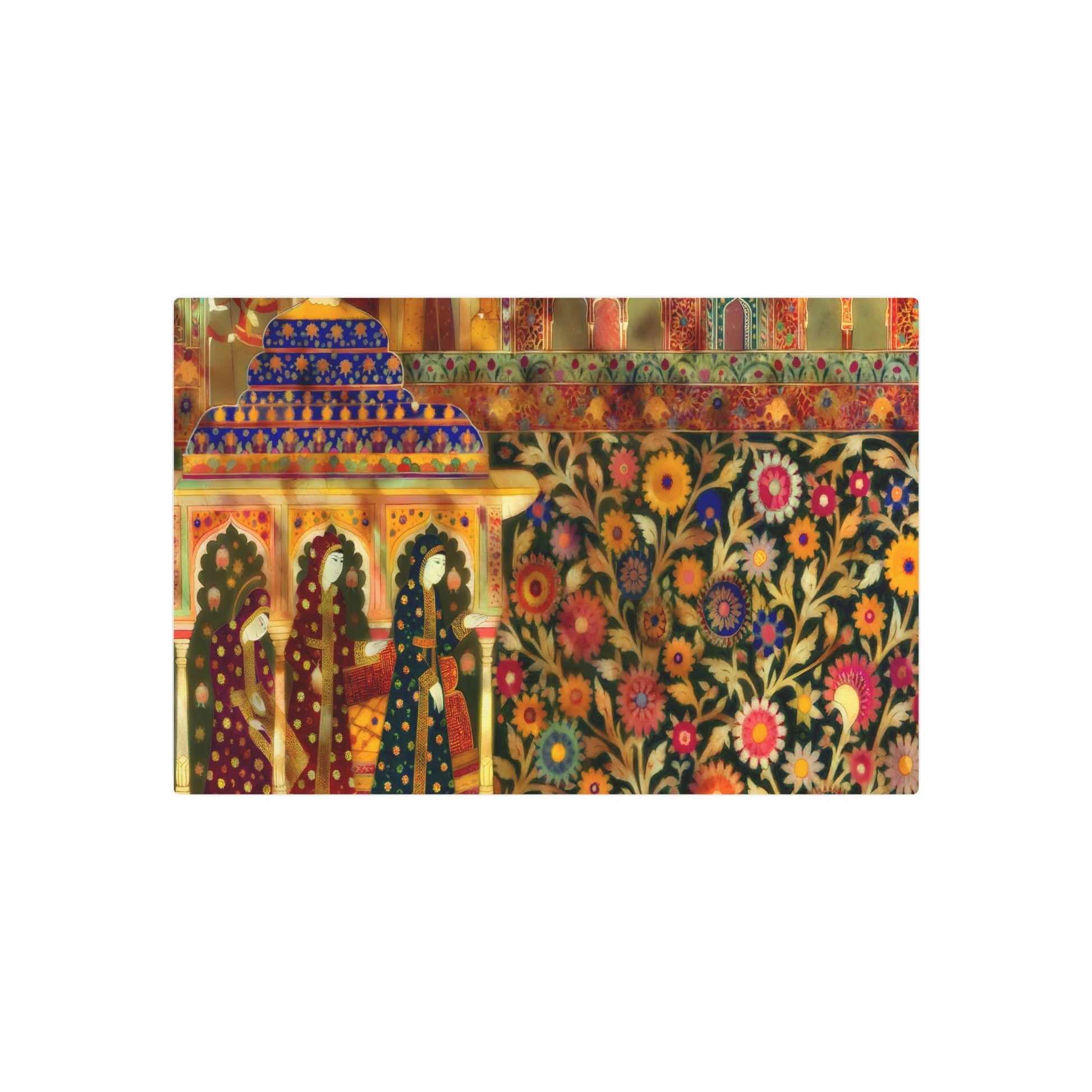 Metal Poster Art | "Mughal Miniature Painting in Vibrant Colors - Intricate South Asian Art with Floral Motifs, Detailed Architecture and Traditional Mughal Attire - Metal Poster Art 30″ x 20″ (Horizontal) 0.12''