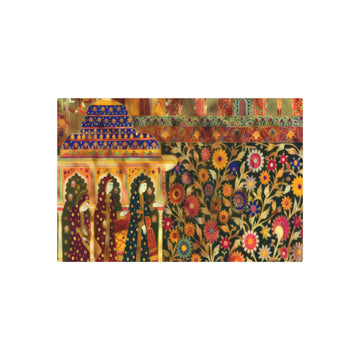 Metal Poster Art | "Mughal Miniature Painting in Vibrant Colors - Intricate South Asian Art with Floral Motifs, Detailed Architecture and Traditional Mughal Attire - Metal Poster Art 30″ x 20″ (Horizontal) 0.12''