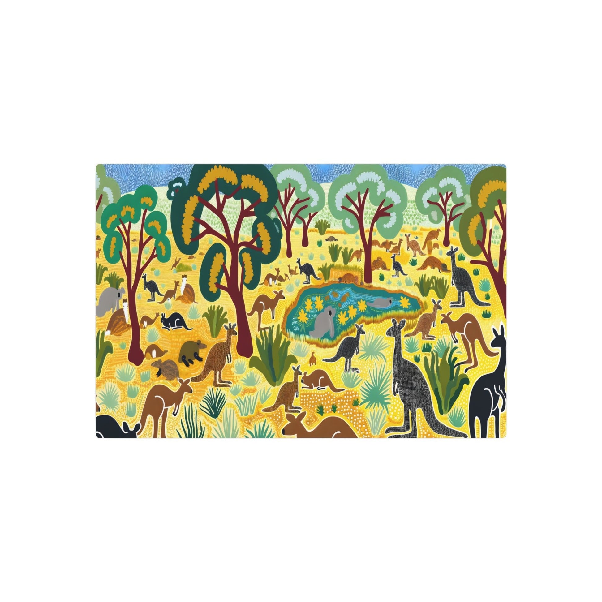 Metal Poster Art | "Australian Aboriginal Art - Dotted Landscape featuring Iconic Australian Fauna and Flora - Non-Western Global Styles" - Metal Poster Art 30″ x 20″ (Horizontal) 0.12''