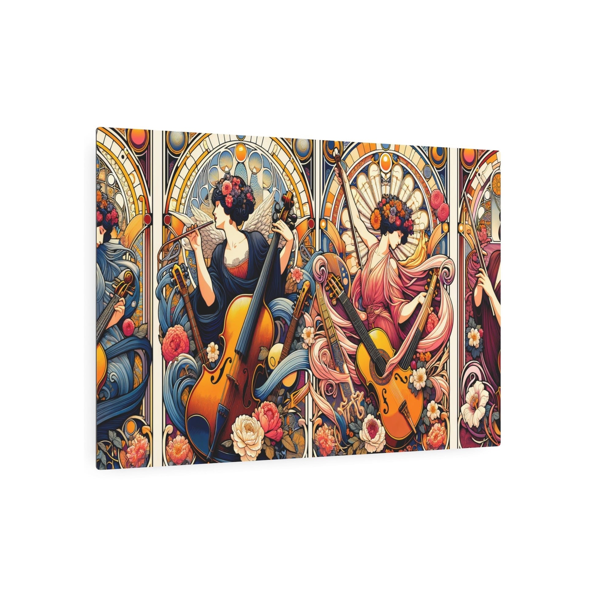 Metal Poster Art | "Art Nouveau Style Fusion of Music and Art Illustration - Violins, Guitars, Pianos Merging into Artwork with Flowers - Metal Poster Art 36″ x 24″ (Horizontal) 0.12''