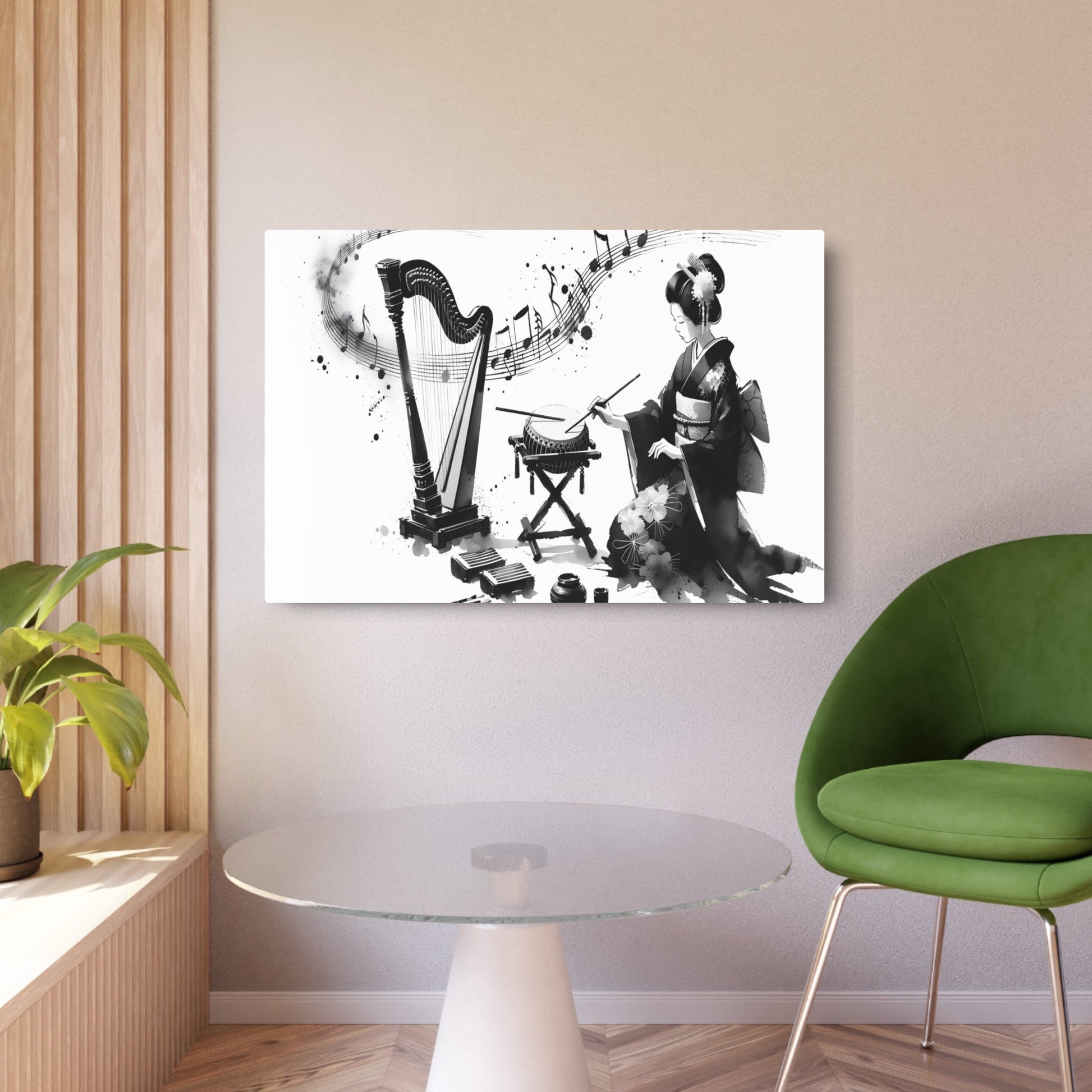 Metal Poster Art | "Artistic Fusion of Music & Art: Sumi - e Style Japanese Ink Wash Painting featuring Traditional Instruments and Brush Strokes - Elegance and Depth - Metal Poster Art 36″ x 24″ (Horizontal) 0.12''