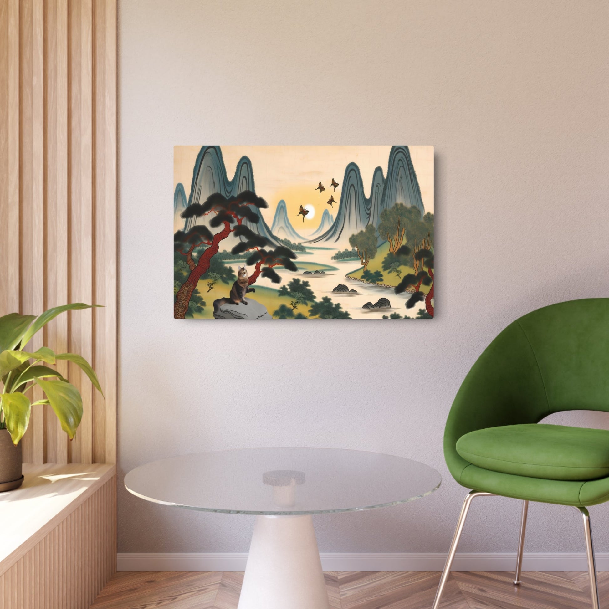 Metal Poster Art | "Playful Cat in Traditional Chinese Landscape Painting - Asian Art Styles, Chinese Landscape Art with Mountains, Rivers & Sunset" - Metal Poster Art 36″ x 24″ (Horizontal) 0.12''