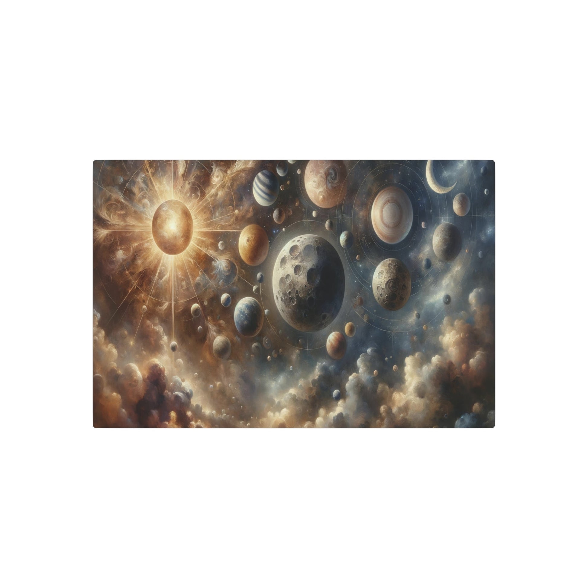 Metal Poster Art | "Renaissance Style Western Artwork - Celestial Bodies Portrayal Featuring Moon, Sun, Stars, and Planets" - Metal Poster Art 36″ x 24″ (Horizontal) 0.12''