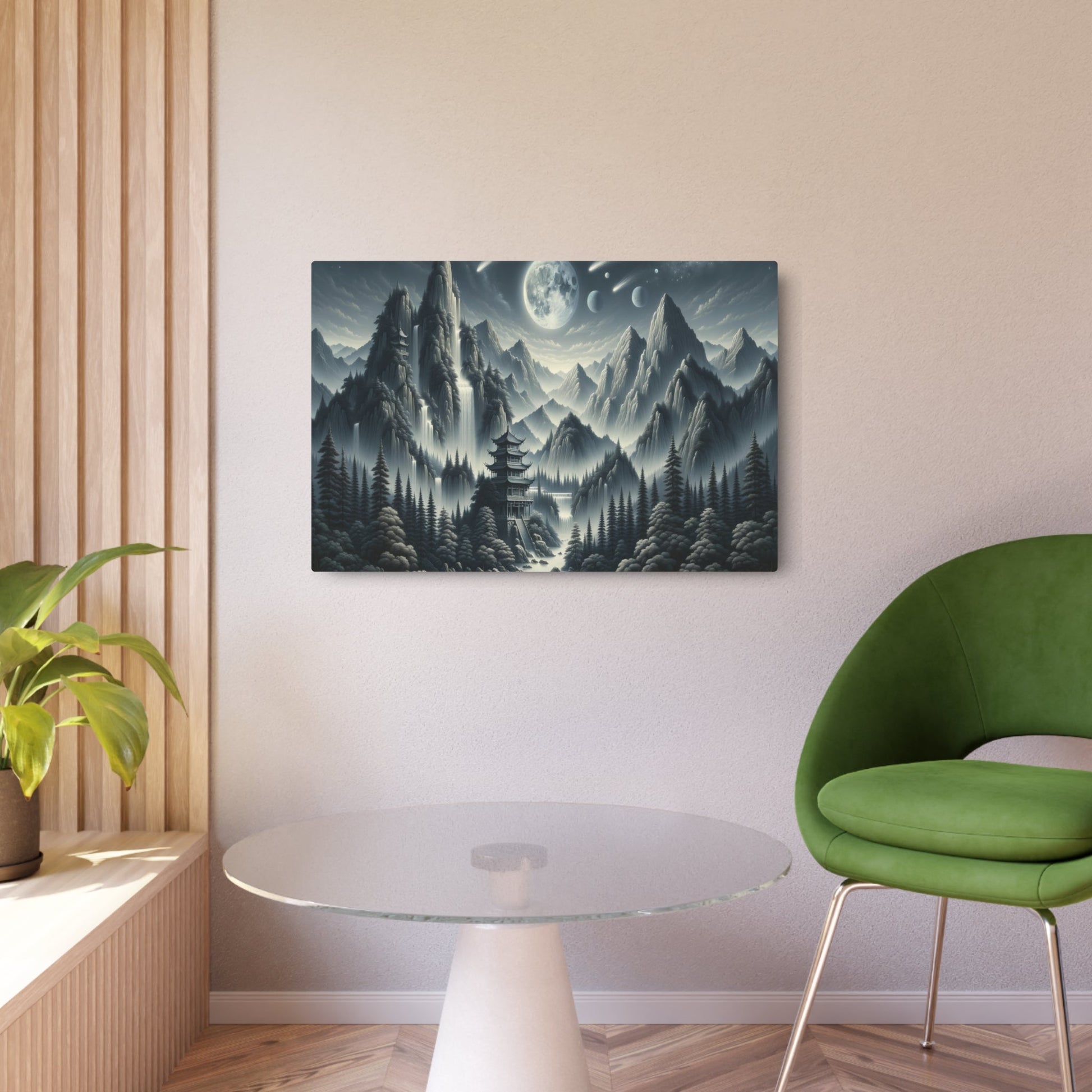 Metal Poster Art | "Traditional Chinese Landscape Painting with Vivid Celestial Bodies - Featuring High Mountains, Waterfalls, Pagodas, and Pine Trees in a Clear Night - Metal Poster Art 36″ x 24″ (Horizontal) 0.12''