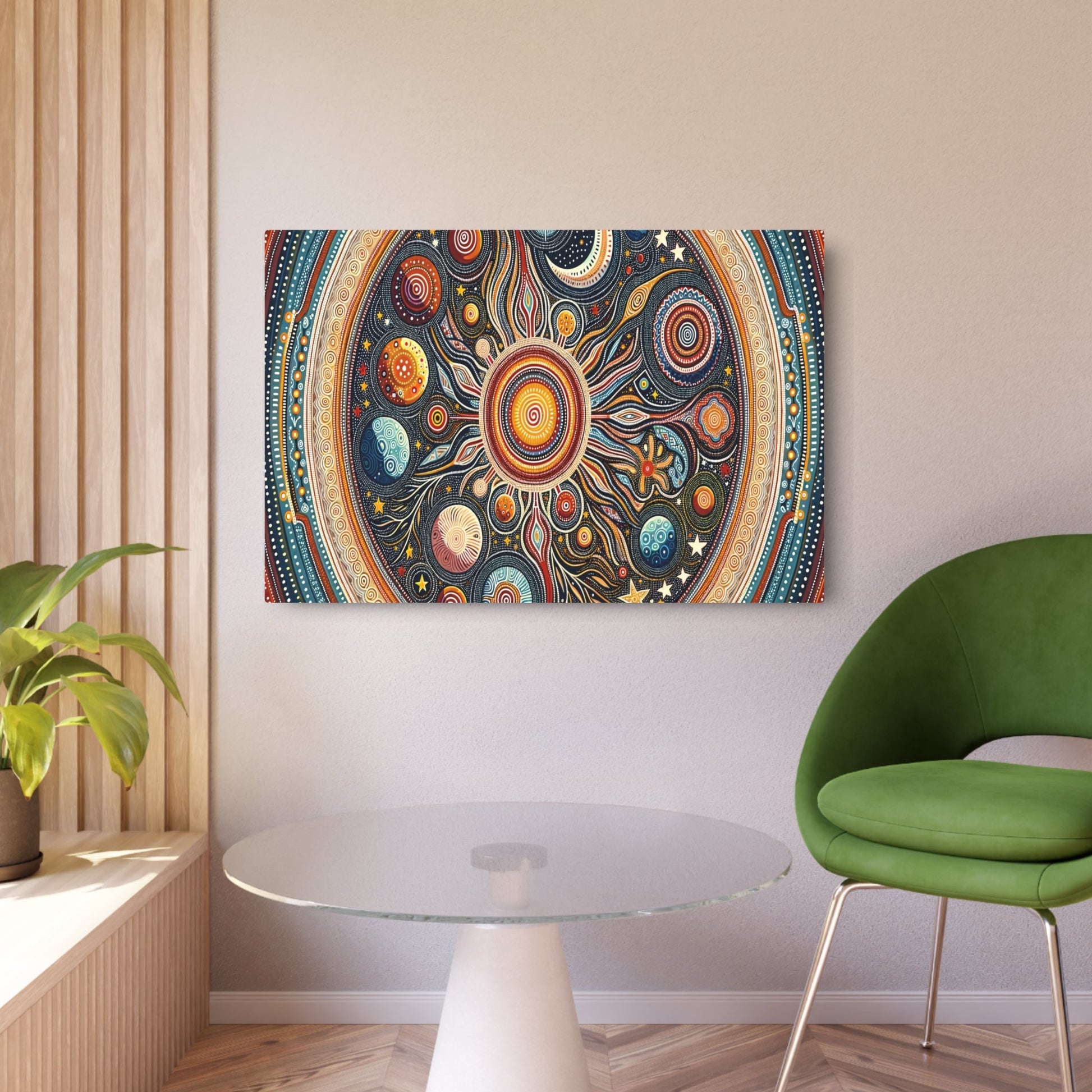 Metal Poster Art | "Aboriginal Art (Australian) - Traditional Celestial - Themed Painting Featuring Stars, Moons, and Planets from Non - Western & Global Styles - Metal Poster Art 36″ x 24″ (Horizontal) 0.12''