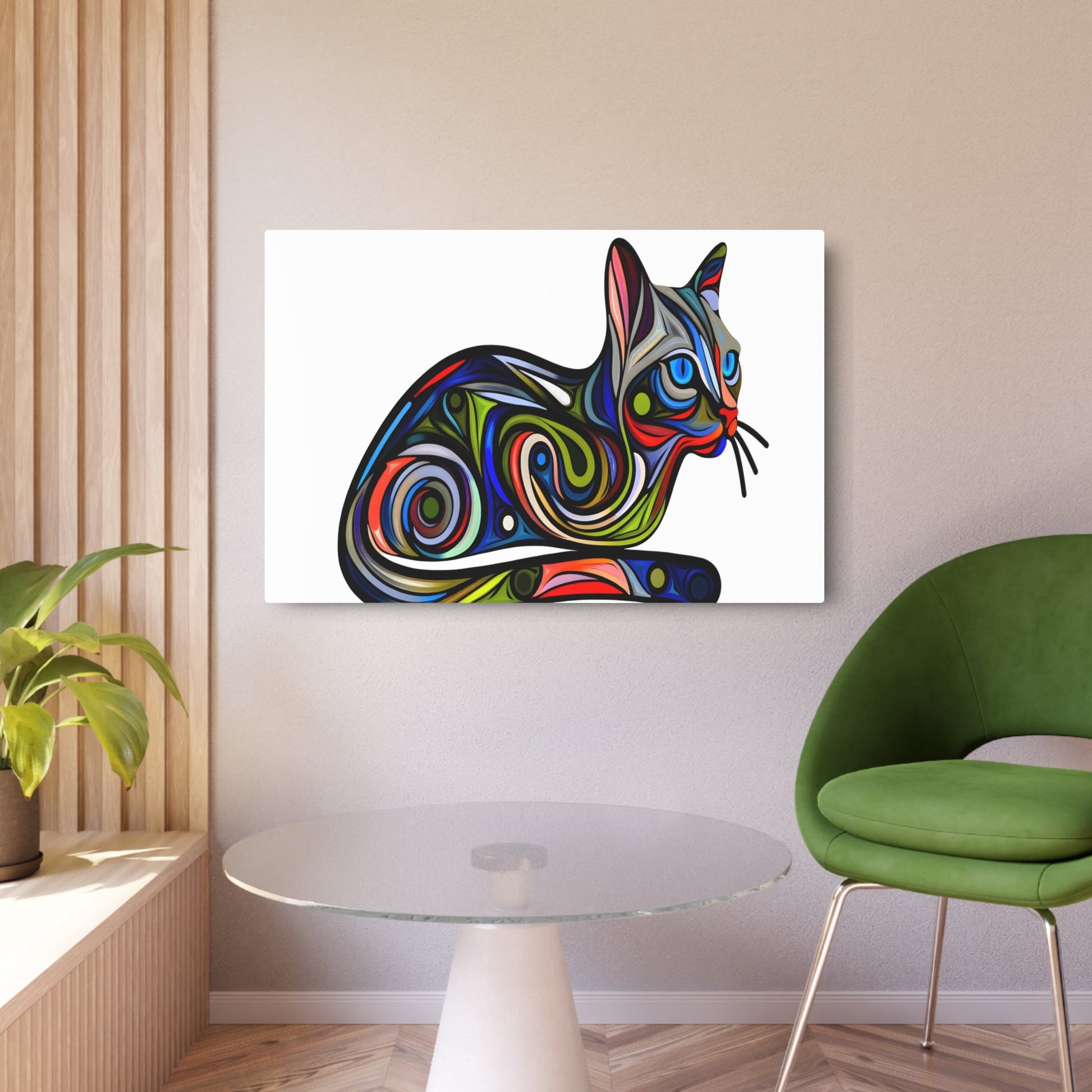 Metal Poster Art | "Vibrant & Intricate Digital Art: Modern & Contemporary Style Expressive Cat Image with Creative Patterns and Mysterious Playfulness" - Metal Poster Art 36″ x 24″ (Horizontal) 0.12''