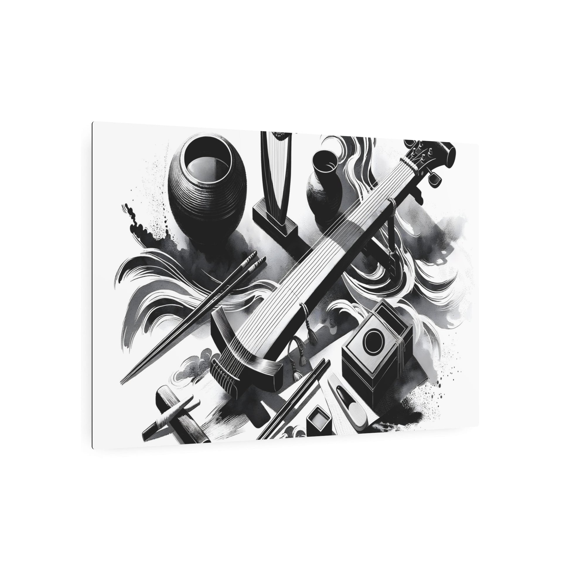 Metal Poster Art | "Sumi - e Asian Art Styles: Japanese Ink Wash Painting of Music & Art featuring Traditional Instruments Shamisen, Koto, Shakuhachi and Call - Metal Poster Art 36″ x 24″ (Horizontal) 0.12''